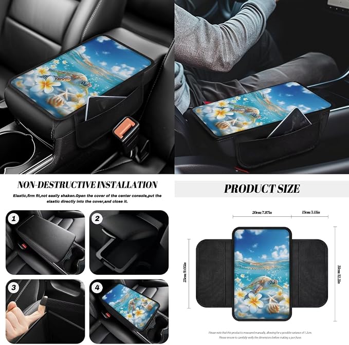 Sea Turtle Print Car Seat Covers Full Set Plumeria Starfish Print Front and Rear Car Seat Covers with Steering Wheel Cover Center Console Pad Safety Belt Pads Rearview Mirror Cover