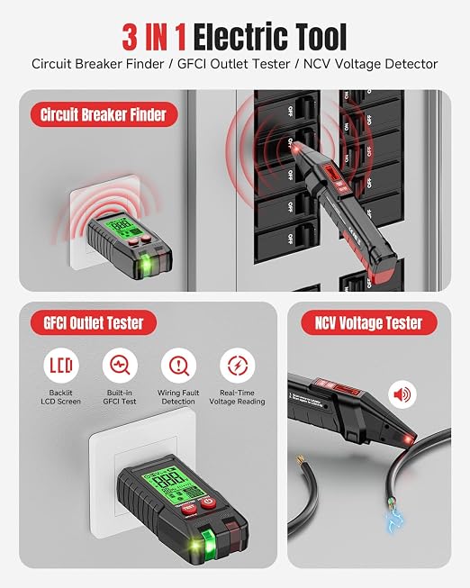 Circuit Breaker Finder Kit, GFCI Tester Circuit Tracer with NCV Test, Flashlight, LCD Receiver, Carry Case & Adapters for 90-250V AC Home Circuits