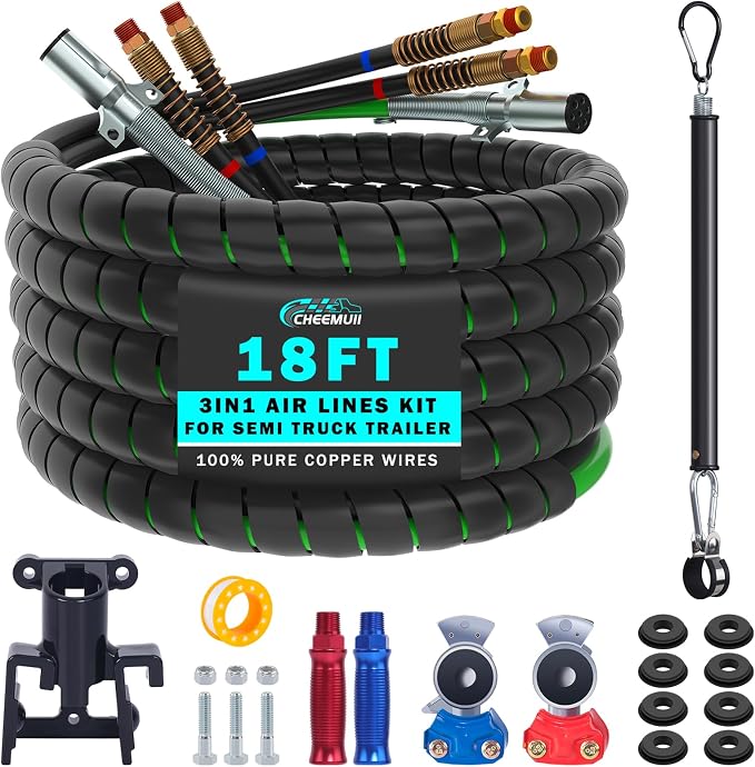 CheeMuii 18FT Semi Truck Air Line Kit with Gladhands Handles Air Line Holder and Springs Kit 7 Way Trailer Cord and 3-in-1 Air Brake Hoses for Semi Truck Trailer Tractor