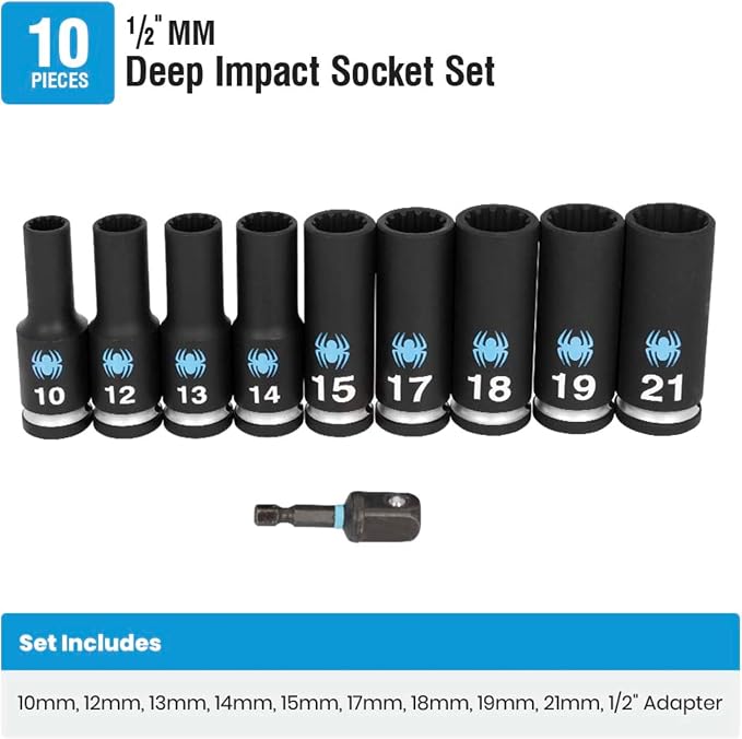 Spyder 10-Piece 1/2-Inch Drive Metric Deep Impact Socket Set with Adapter (19701)