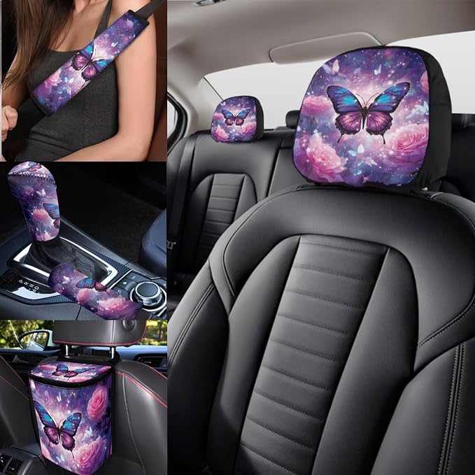 Butterfly Car Seat Covers Full Sets of 17 Pack,Butterfly Car Aaccessories with Auto Trash Garbage Bag,Roses Car Seat Head Rest Protector Universal Automotive Interior Decoration