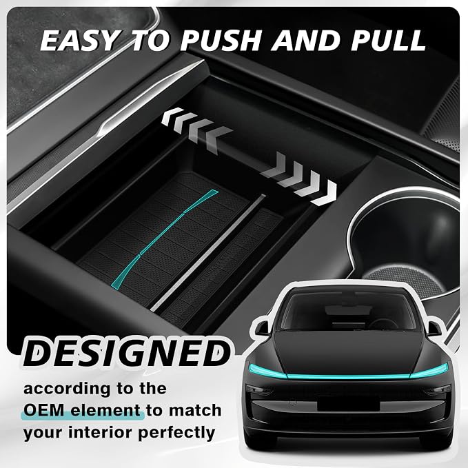 BestEvMod 3PCS Center Console Organizer Fit for 2026 2025 Tesla New Model Y Juniper Accessories Slide smoothly Armrest Upper Storage Box Front Console Tray Wireless Charger Mat Silicone OEM Style