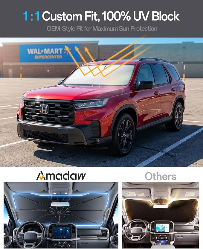 Windshield Sun Shade for Honda Pilot 2003–2026, Foldable Umbrella Sunshade with 100% UV Block, Multi-Layer Heat Insulation, Reinforced 10-Rib Frame, Keeps Car Cooler, Summer Car Accessory