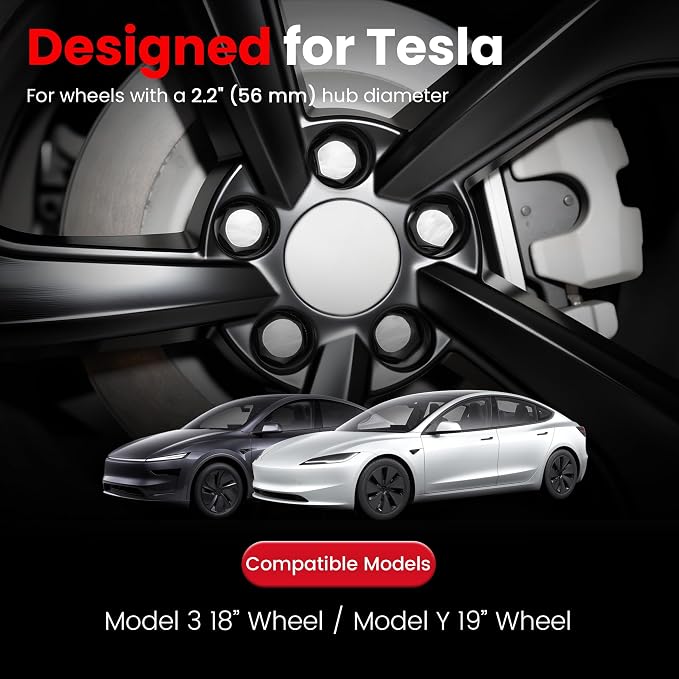4 Pack Car Wheel Center Hub Cap Kit with 22 Lug Nut Covers, 2.2 in (56mm) Wheel Rim Covers Center Hubcaps for Model 3 / Model Y, Glossy Silver Exterior Decoration Accessories for Tesla
