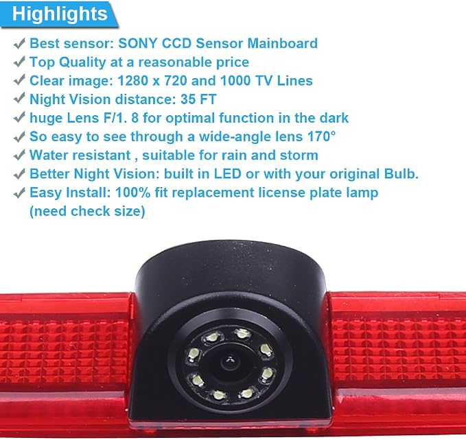 Car Third Roof Top Mount Brake Lamp Light Rear View Reverse Parking Camera,Replacement for Benz Sprinter W906 VW Crafter Multivan Caravelle T6 Transporter/Transit/Caravan/Master AA/ohnmobi