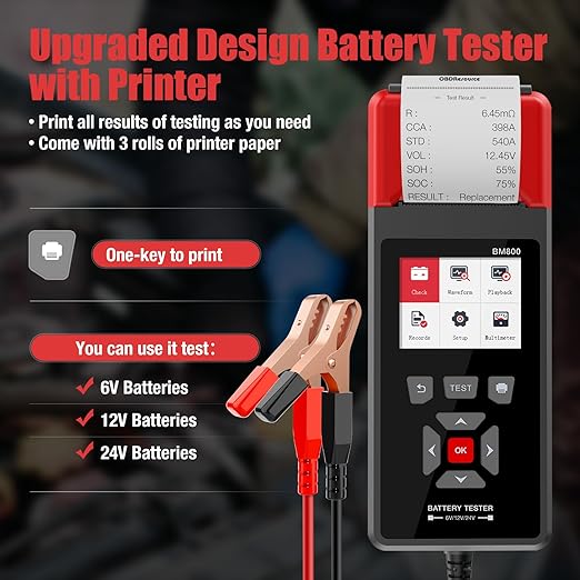 OBDResource Professional Car Battery Tester with Printer 6V 12V 24V 100-2000CCA Digital Battery Voltage Tester for Automotive Standard, Cranking, Charging & Load Test, BM800 Battery Load Tester