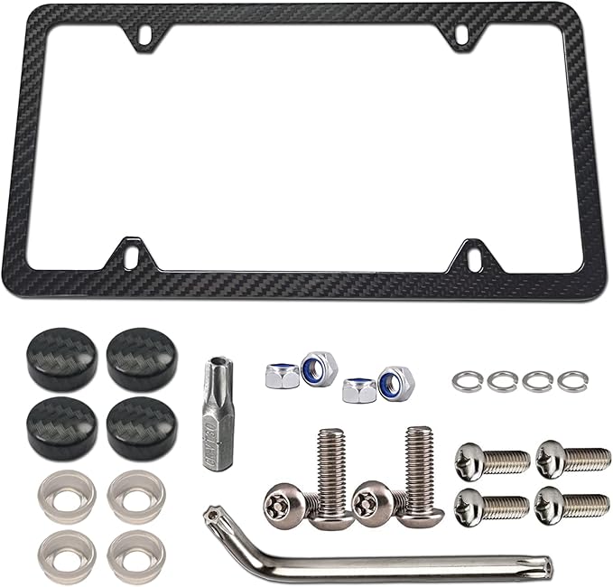 BGGTMO Carbon Fiber License Plate Frame-Stainless Steel License Plate Frames Handmade Covering 100% Real Carbon Fiber | Stainless Steel Tamper Proof License Plate Screws, 4 Hole Slim Frame 1 Pack
