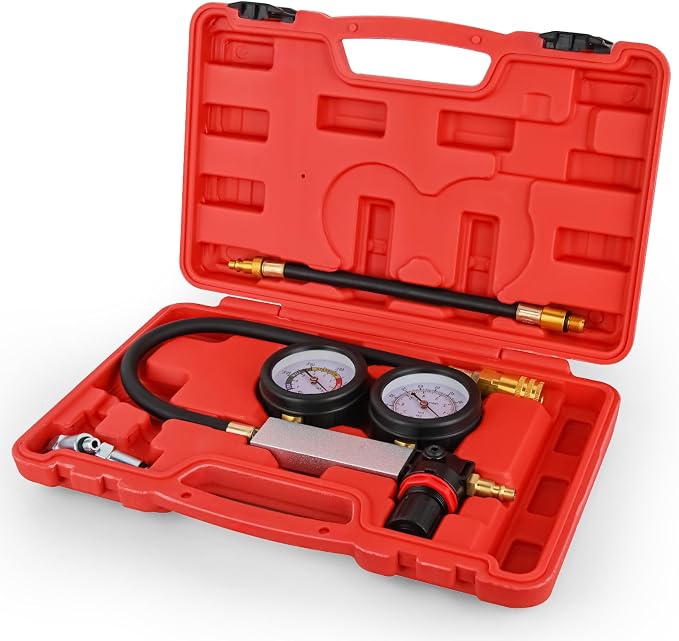 GOOACC Cylinder Leak Down Tester Kit - Dual Gauge Engine Diagnostics Tool for Gasoline Cars & Motorcycles - Detects Blown Head Gaskets & Valve Leaks with 10mm 12mm 14mm 18mm Adapters