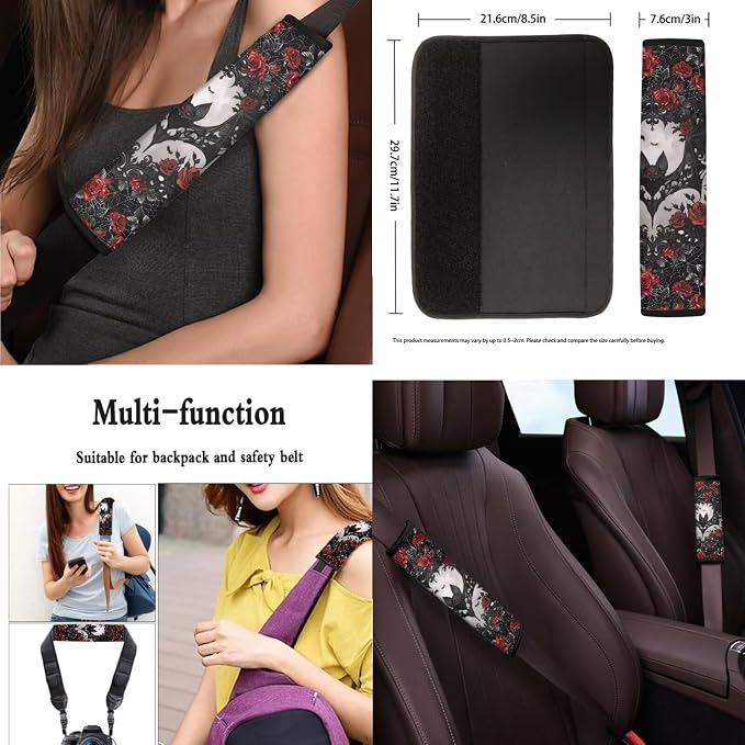 Bat Rose Floral Print 13 Pack Car Accessories for Womens Halloween Bats Pattern Seatbelt Pad Armrest Cushion Keychain Cup Holder Coaster Pads Decor Accessory