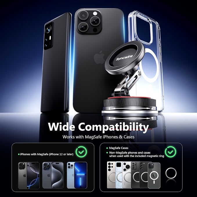 SYNCWIRE for MagSafe Car Mount [2-Axis Design] Nano Adhesive Gel + Suction Cup Magnetic Phone Holder for Dashboard & Windshield, 360° Adjustable for iPhone 17 16 15 14 13 12 11, Samsung, Matte Black