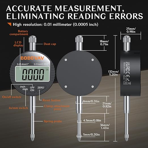 Digital Dial Indicator with Magnetic Base Set, 0-1inch/ 25.4mm Range, 0.0005inch/ 0.01mm, 90Lbs/40kg Stand with Plastic Storage Box for Machining Calibration Inspection