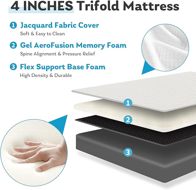 Folding Memory Foam Pads, 4" Tri-Fold Twin Topper with Washable Cover, Portable Guest Floor Bed Non-Slip for Travel Camping