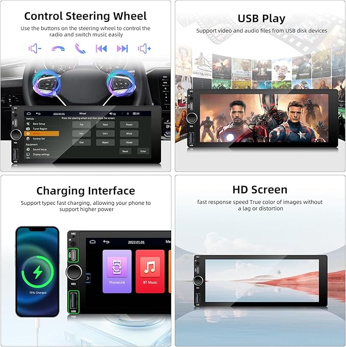 LEXXSON Single Din Car Stereo with Carplay Android Auto, 6.86 Inch IPS Touch Screen Single Din Radio with Mirror Link FM USB EQ GPS
