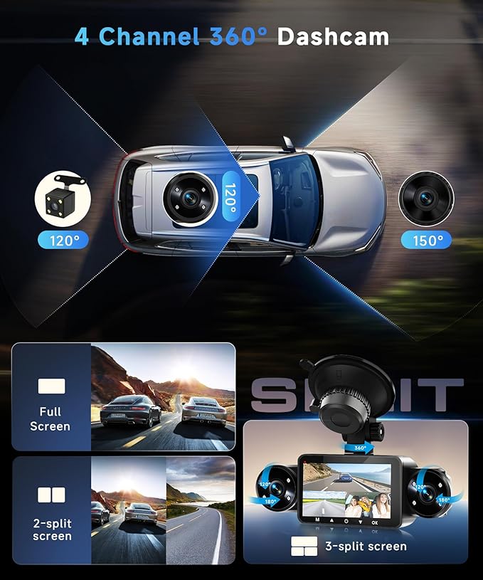 360° Dash Cam Front and Rear Inside Left Right, 4 Channel FHD 1080P Dash Cam for Cars, 3" Dashcams with 64G TF Card 8 IR Night Vision, Loop Recording, G-Sensor, 24H Parking Mode Monitor, Reverse View