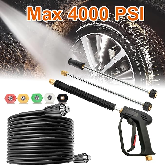 Pressure Washer Gun and Hose Kit,4000PSI Power Washer Gun with 26FT Power Washer Hose & 2 Extension Wands for Gas & Electric Pressure Washers,40 Inch Adjustable Length, M22 Fitting, 5 Nozzle Tips