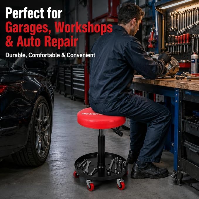 PowerSmart Pneumatic Roller Seat with Wheels, Adjustable Rolling Mechanic Stool with Tool Tray, Hydraulic Garage Shop Stool, 330 lbs Capacity Swivel Creeper Seat for Automotive Repair