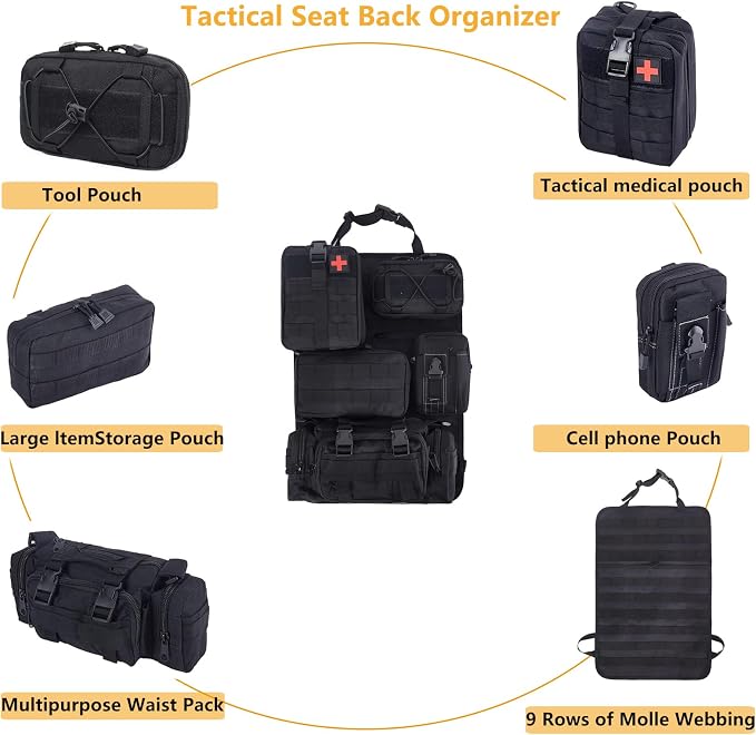 truck seat organizer and storage tactical car back seat back organizer with a Molle Vehicle Panel and 5 Different Size Molle Pouches for most models such as Jeep,SUV,Pickup (Black)