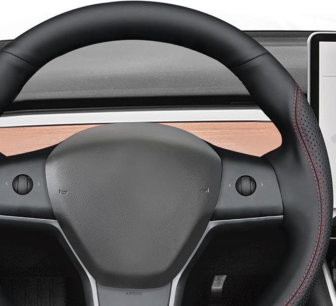 MEWANT Hand Stitch Black Faux Leather Steering Whee Cover for Tesla Model 3 Model Y 2020-2023 DIY Steering Wheel Wrap
