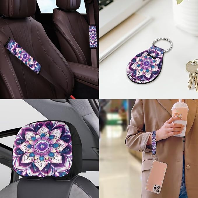 Purple Mandala lotus Car Seat Covers Full Sets 18 Pack Universal Car Interior Accessories Sets Hippie Print Steering Wheel Cover Car Seat Belt Pads Cover Car Headrest Covers Vehicle Trash Bag
