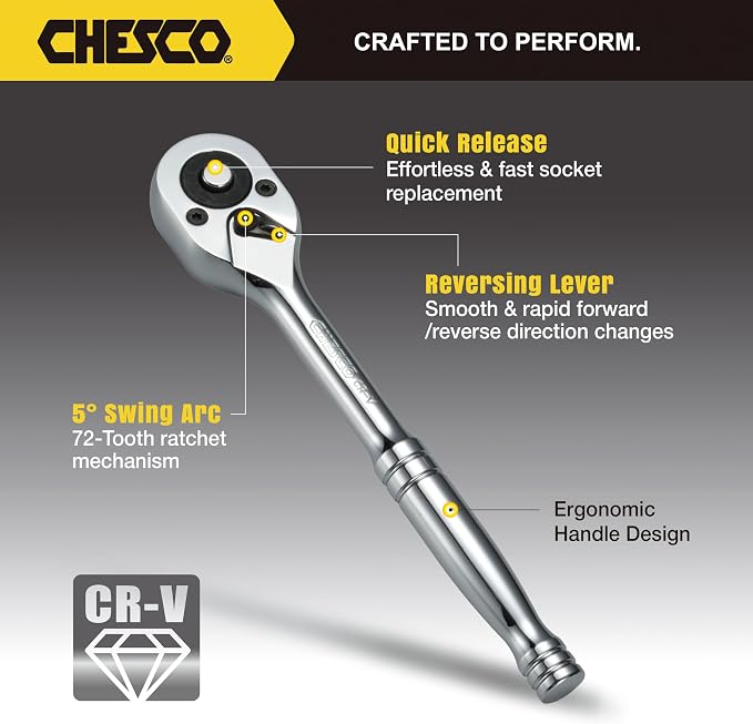 CHESCO 13030 Professional 30 Pieces 1/4" & 3/8" Drive 6 & 12 Pt. Shallow and Deep Socket Set, 72-Tooth Ratchet Mechanism, Extra Spark Plug Sockets and Extension Bar, Metric & SAE