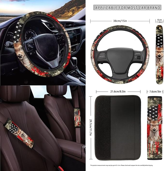 Deer Leaf Camo American Flag Print Auto Interior Sets Full Car Front Rear Seat Covers Steering Wheel Cover Seat Belt Cover Coasters Trash Can Keychain Air Vent Storage Bag 15pcs Set