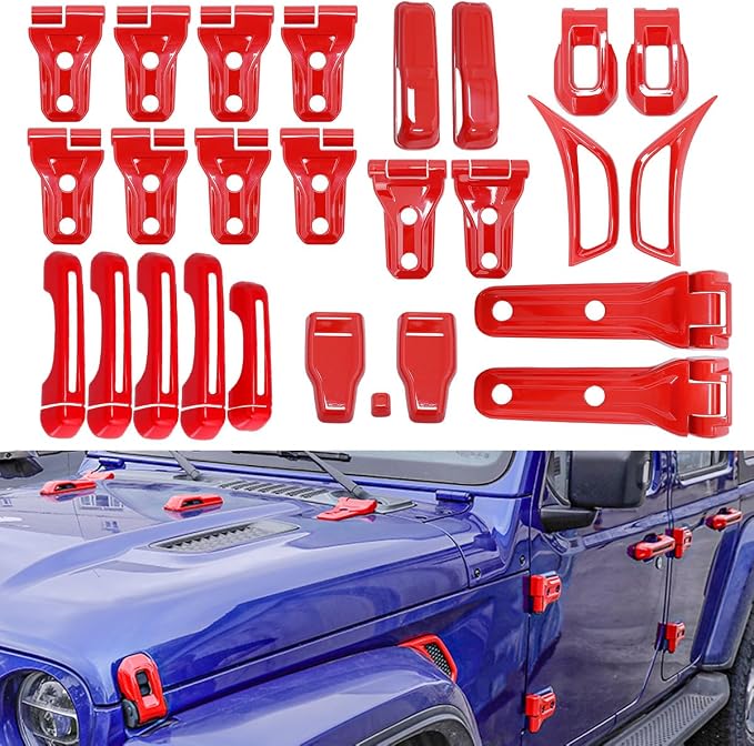 Barong for Jeep Wrangler JL JLU 2018-2025 Accessories Exterior Decoration Door Hinge Handle Engine Hood Hinge Hood Latch Wheel Eyebrow Side Air Outlet Rear Window Hinge Cover 26PCS Full Set(Red)