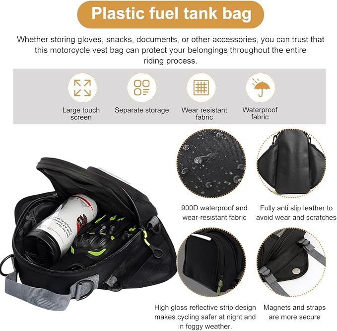 Motorcycle Tank Bag with Waterproof Touch Screen Phone Pouch, Oxford Cloth, Fits Most Motorcycles