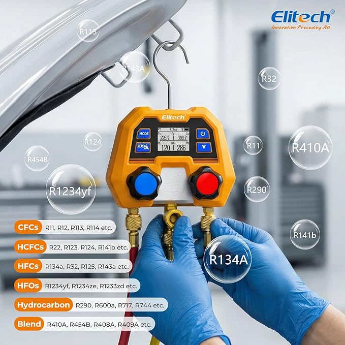 Elitech Digital Manifold Gauge for HVAC, Refrigeration & AC Systems - Supports R410A/R454B/R32/R134a etc. Refrigerants, Pressure & Temperature Measurement, 3 Port, LCD Display, DMG-2SE