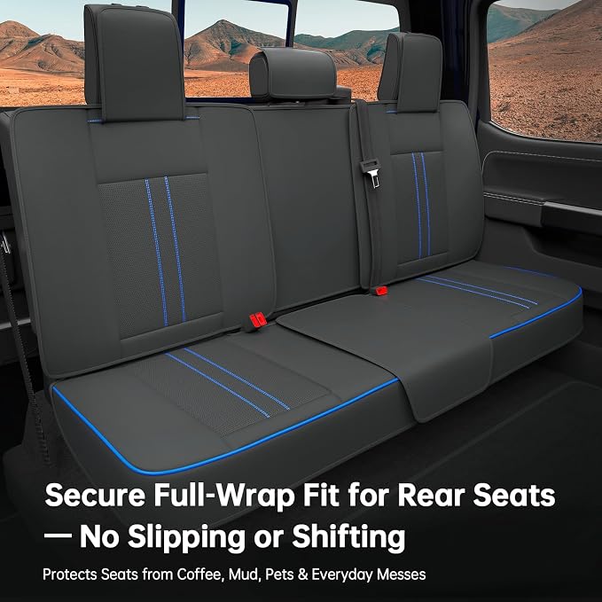 W&PMAX Custom-Fit Seat Covers for Ford F-150 Crew Cab (2015–2025), Full Set Waterproof Leather Truck Seat Covers, Full-Wrap Protection & OEM Fit – Black/Blue Stitching