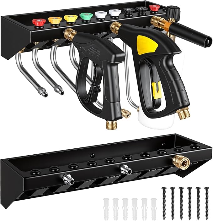 Pressure Washer Gun Holder with 1/4 Inch Quick Connector, Wall Mount Organizer for Foam Cannon, Nozzles and Extension Wands