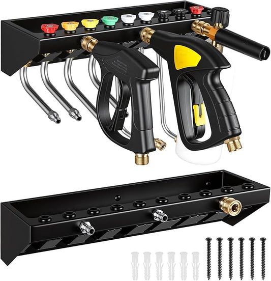 Pressure Washer Gun Holder with 1/4 Inch Quick Connector, Wall Mount Organizer for Foam Cannon, Nozzles and Extension Wands
