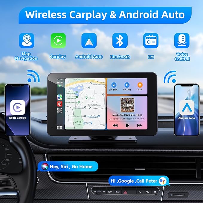 VUKARUAL Wireless Carplay and Android Auto Screen for Car, 7" HD Portable Touch Screen Car Stereo with Bluetooth, Backup Camera, Navigation, Mirror Link for All Vehicles