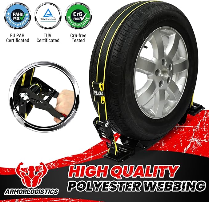 2Pack UTV Wheel Chock Tie-Down Kit, 2 in x 8 ft Heavy Duty Trailer Tire Straps, 4400lb Max Break Strength E Track System for ATV, UTV, SXS, Mower and More (Black)