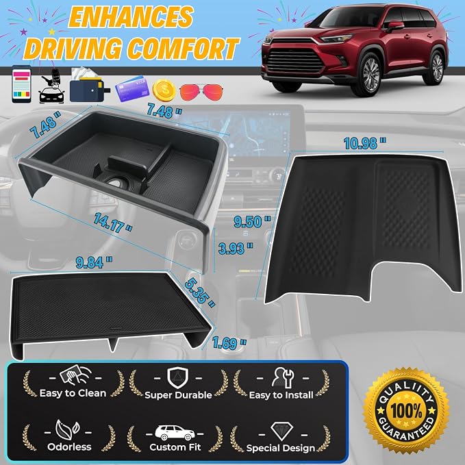 3Pcs Center Console Organizer for 2024-2026 Toyota Grand Highlander | Fits Hybrid LE/XLE/Ltd/Platinum, Dashboard Tray, Console Storage & Anti-slip Mat Protector (Non-Charging)