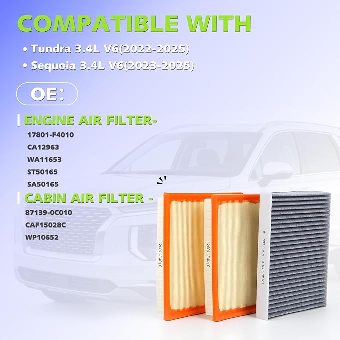 Engine And Cabin Air Filter kit for Tundra (2022-2025), Sequoia (2023-2025), Replaces 17801-F4010, 871390-C010, WA11653,WP10652