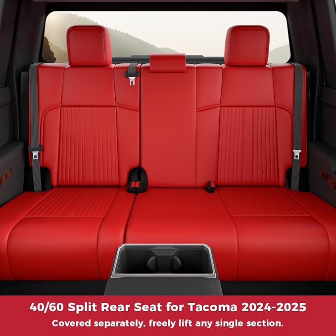 FREESOO Custom Fit Leather Tacoma Seat Covers Full Set Gen 4Th 2024-2026 Double Cab, for Sr/Sr5/Trd Prerunner/TRD Sport/TRD Off-Road/Limited, Seat Covers for Tacoma (5 Seats, Red)