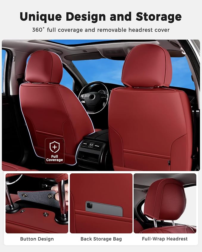 Huidasource Red Front Seat Cover Luxury Nappa Leather, Front Car Seat Cover with Airbag, Front Storage Pocket, Lumbar Support, Cooling＆Heating, Seat Covers Universal Fit for Most Cars SUV Trucks, Red