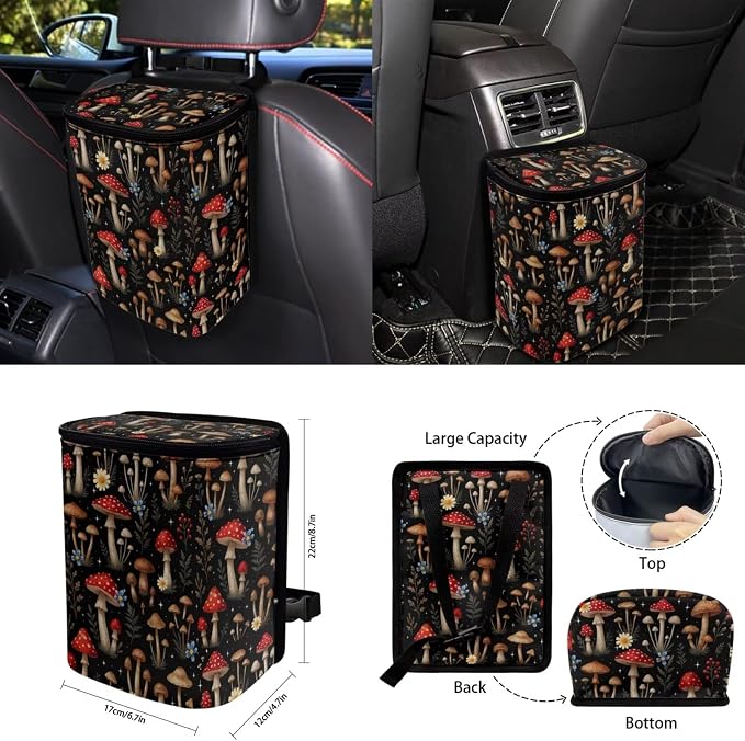15 Pcs Mushroom Auto Interior Accessories Car Seat Covers with Auto Steering Wheel Cover Seat Belt Covers Car Trash Can View Mirror Cover Coaster Keychains