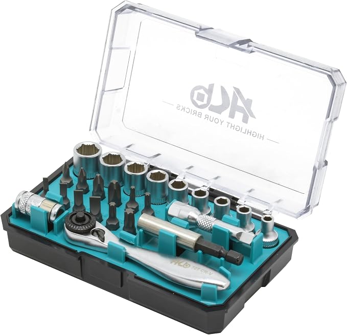HB AKM033-U 26-Piece 1/4" Drive Socket & Bit Set, 72-Tooth Mini Ratchet, 5° Arc Swing, Grip Plus Non-Slip Removes 85% Rounded Bolts, Cr-V Steel, Portable Case, Made in Taiwan