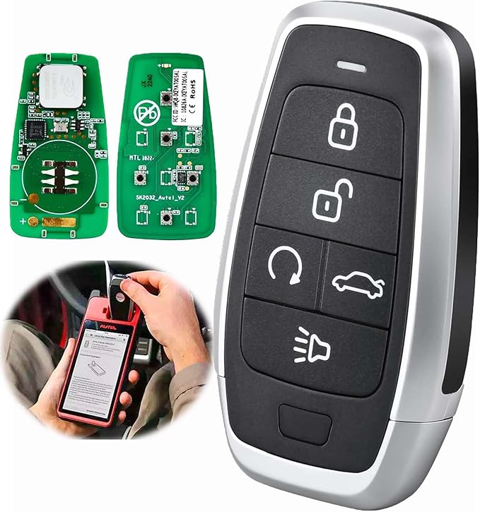 Autel MaxiIM IKEY IKEYAT5TPR Programmable Smart Key Replacement 5 Buttons Lock Unlock Air Suspension Remote Start Panic Buttons OE-Quality for 700+ Vehicles OBD Learning 40 meters/130 feet