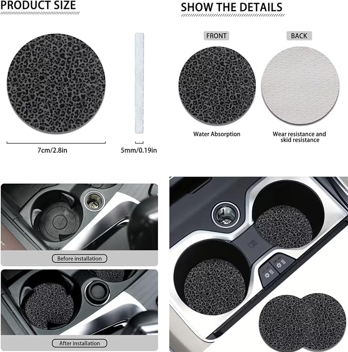 POLERO Black Leopard Car Seat Covers 11Pcs Full Set Black Cheetah Steering Wheel Cover Black Animal Print Seatbelt Pads Cupholder Coasters with Keychains