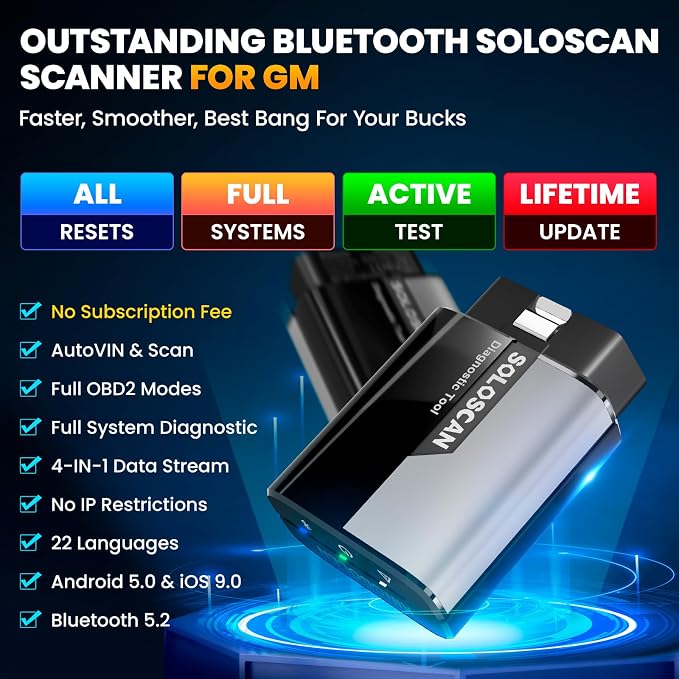 KINGBOLEN Soloscan for GM OBD2 Scanner Bluetooth, Lifetime Update Without Fee, Bidirectional Scan Tool for iOS & Android, All Reset Service, Full System Diagnostic Tool for Buick/Chevy/Cadillac/GMC