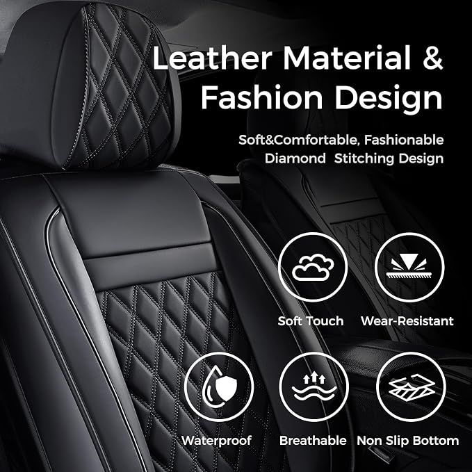 Huidasource Car Seat Covers Front Seats, Black Front Seat Cover for Cars, Faux Leather Automotive Car Seat Cushion Protector Universal Fit for Most Cars,Vans,Trucks, SUVs (Front Pair/Black)