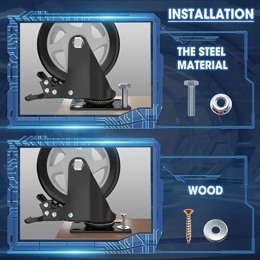 5" Heavy Duty Plate Casters, 1400 Lbs Dual Brake - Set of 4 | Black 1400 Lbs per 4 casters. 360° Swivel. Dual lock. PU won't mark floors. For workbench, furniture, cart.