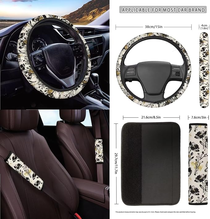 Flower Print Car Seat Cover Full Set Universal & Decorative Front and Rear Split Bench Seat Covers with Steering Wheel Cover Safety Belt Pads Rear View Mirror Protector Keychain