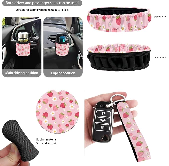 Dreaweet Pink Car Seat Covers Full Set for Women Cute Strawberry Car Accessories Steering Wheel Cover Seatbelt Covers Car Coasters Trash Can Vent Storage Holder Rear View Mirror Cover Keychain 15 Pcs