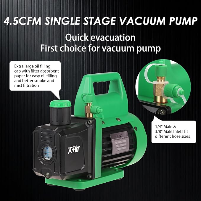 PB Motor Tech Vacuum Pump & Gauge Set, 4.5 CFM Pump w/Brass Manifold Gauge, Quick Couplers, 410 Adapter, Can Tap & Valve Core Tool, For R134A, R12, R22, R502 Refrigerants & AC Maintenance