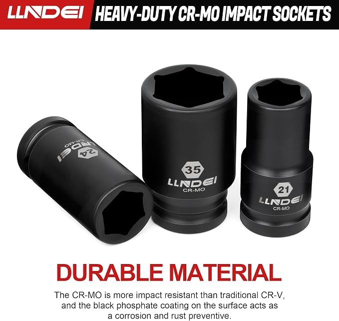 LLNDEI 3/4 inch Drive Impact Socket Set, 12 Piece Heavy Duty CR-MO Deep/Jumbo Sockets 6 Point Design, SAE 3/4" to 1-9/16", for Large Vehicle and Apparatus Maintenance