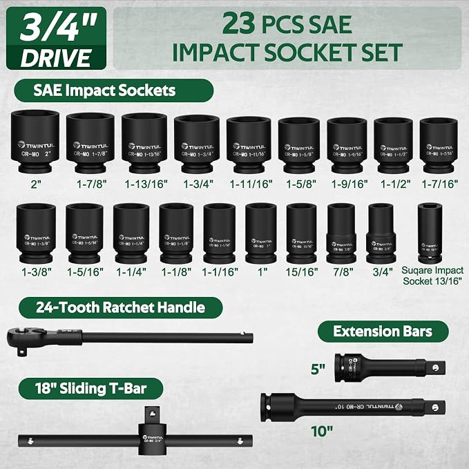 3/4" Drive Deep Impact Socket Set, 23 Pcs SAE Sizes 3/4" to 2" | 24T Ratchet Wrench, 18" Sliding T-Bar & Extension Bars, CR-MO Steel, Heavy Duty Impact Socket for Truck & Equipment Repair