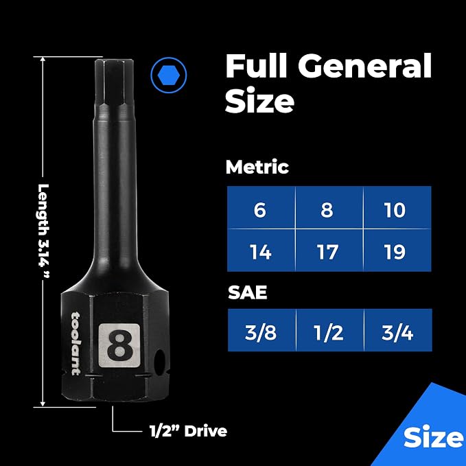 toolant 1/2" drive 3/8" impact hex bit socket set 2PCS, Hex Drive, S2 Steel Air Drive Allen Socket set,Impact Grade